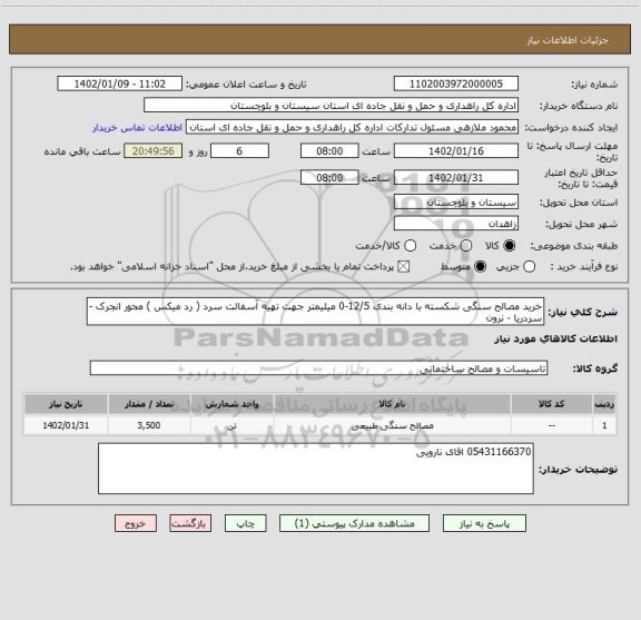 استعلام خرید مصالح سنگی شکسته با دانه بندی 12/5-0 میلیمتر جهت تهیه آسفالت سرد ( رد میکس ) محور انجرک - سردریا - نرون