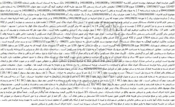 آگهی مزایده شش دانگ اعیان پلاک ثبتی 17614 ( هفده هزار و ششصد و چهارده ) فرعی از 432 ( چهارصد و سی و دو ) فرعی از 233 ( دویست و سی و سه ) اصلی