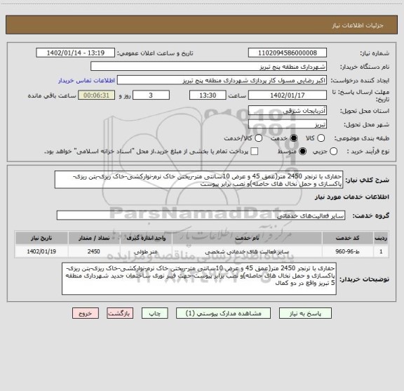 استعلام حفاری با ترنجر 2450 متر(عمق 45 و عرض 10سانتی متر-ریختن خاک نرم-نوارکشی-خاک ریزی-بتن ریزی-پاکسازی و حمل نخال های حاصله)و نصب برابر پیوست