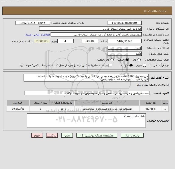 استعلام خریدوتحویل 3188 قطعه مرغ (نیمچه بومی  نژادکاکلی یا لاری 65روزه) جهت شهرستانهای  استان فارس(اقلید، ،خنج،ارسنجان . جویم ، خفر)