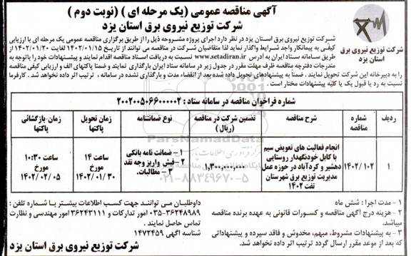 مناقصه انجام فعالیت های تعویض سیم با کابل خودنگهدار 