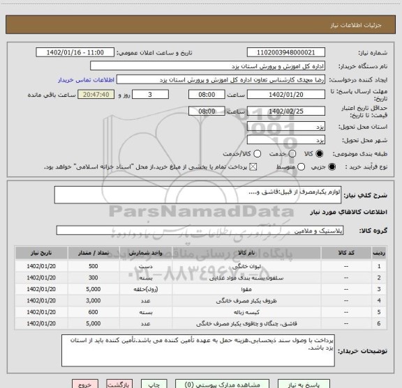 استعلام لوازم یکبارمصرف از قبیل:قاشق و....