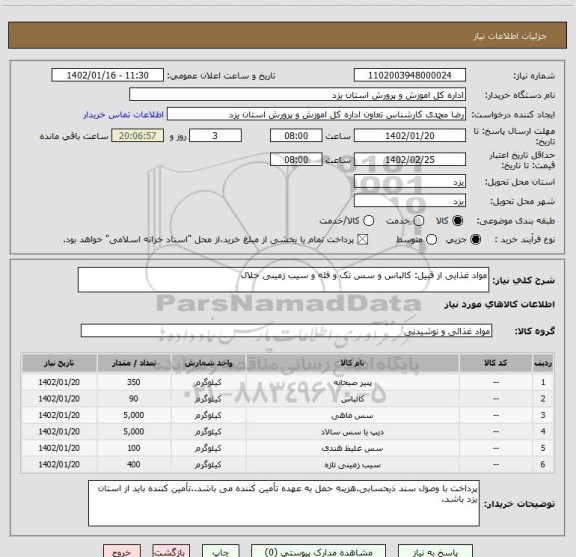 استعلام مواد غذایی از قبیل: کالباس و سس تک و فله و سیب زمینی خلال