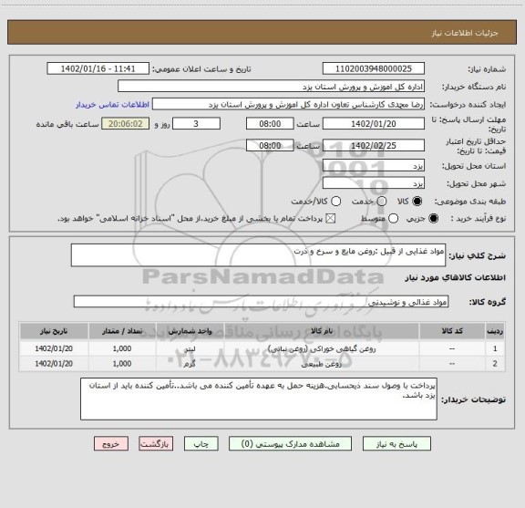 استعلام مواد غذایی از قبیل :روغن مایع و سرخ و ذرت