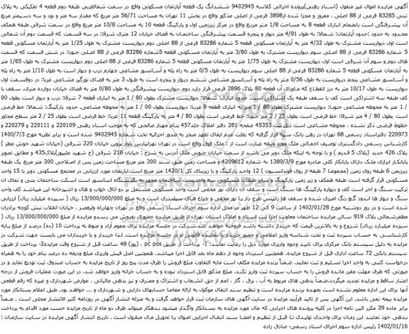 آگهی مزایده ششدانگ یک قطعه آپارتمان مسکونی واقع در سمت شمالغربی طبقه دوم قطعه 4 تفکیکی به پلاک ثبتی 83285 فرعی از 88 اصلی 