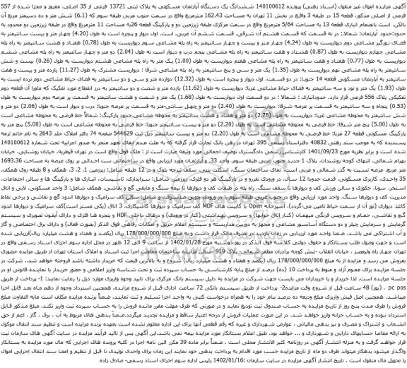 آگهی مزایده  ششدانگ یک دستگاه آپارتمان مسکونی به پلاک ثبتی 13721 فرعی از 35 اصلی، مفروز و مجزا شده از 557 فرعی از اصلی مذکور