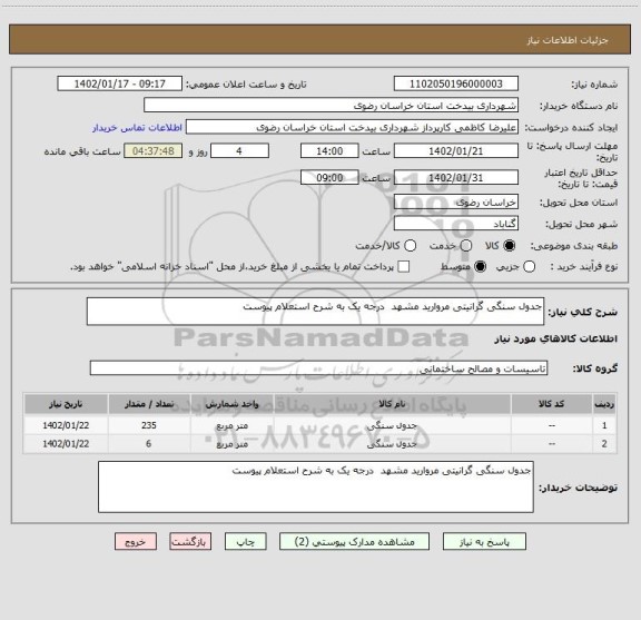 استعلام جدول سنگی گرانیتی مروارید مشهد  درجه یک به شرح استعلام پیوست