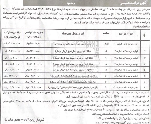 آگهی مزایده عمومی واگذاری اجاره عرصه تعداد ۸ دکه تجاری  نوبت سوم 