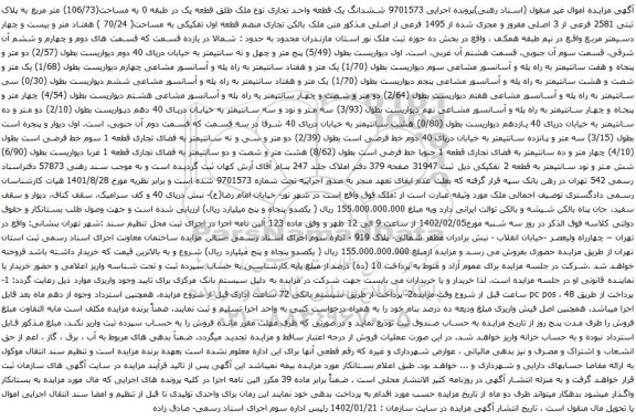 آگهی مزایده  ششدانگ یک قطعه واحد تجاری نوع ملک طلق قطعه یک در طبقه 0 به مساحت(106/73) متر مربع