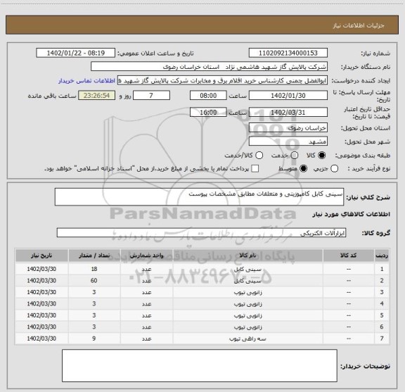 استعلام سینی کابل کامپوزیتی و متعلقات مطابق مشخصات پیوست