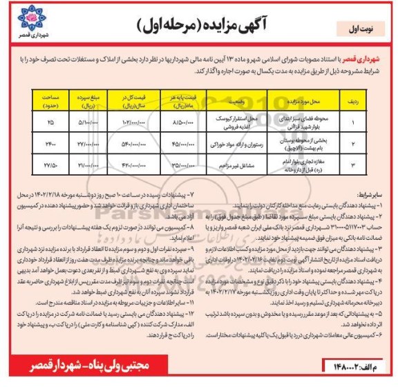 مزایده واگذاری بخشی از املاک و مستغلات