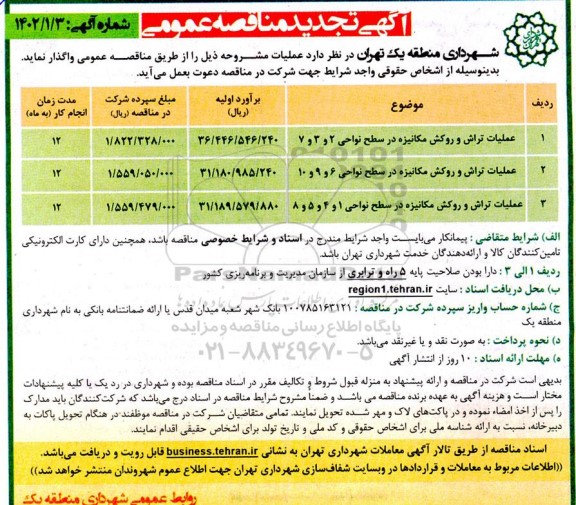 تجدید مناقصه عملیات تراش و روکش مکانیزه در سطح نواحی ...