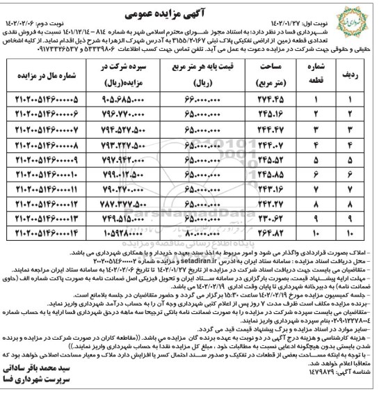 مزایده فروش تعدادی قطعه زمین از پلاک ثبتی 3155.20167