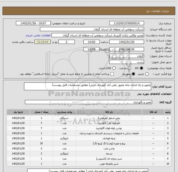 استعلام تجهیز و راه اندازی چاه عمیق علی آباد کپورچال انزلی( مطابق مشخصات فایل پیوست)