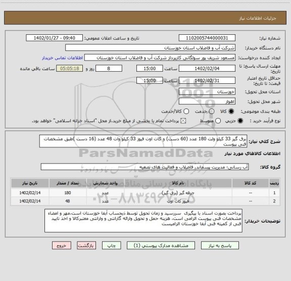 استعلام برق گیر 33 کیلو ولت 180 عدد (60 دست) و کات اوت فیوز 33 کیلو وات 48 عدد (16 دست )طبق مشخصات فنی پیوست