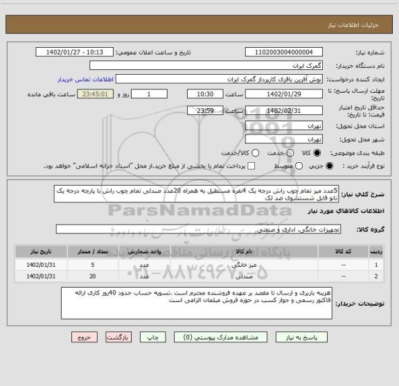 استعلام 5عدد میز تمام چوب راش درجه یک 4نفره مستطیل به همراه 20عدد صندلی تمام چوب راش با پارچه درجه یک نانو قابل شستشوی ضد لک