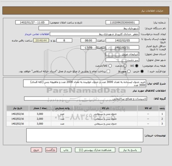 استعلام خرید جدول ایستاده به تعداد 3000 عدد و جدول خوابیده به تعداد 2000 عدد و ماهیچه بتنی (کله قندی) 3000 عدد