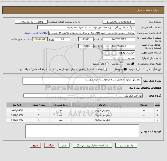 استعلام تابلو برق دیواری مطابق شرح درخواست خرید پیوست