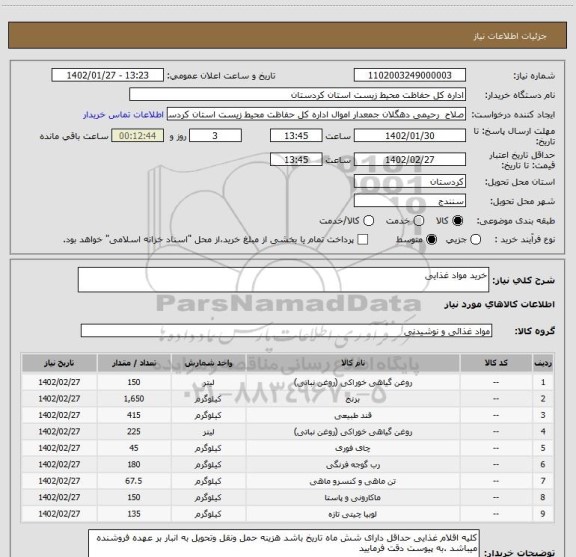 استعلام خرید مواد غذایی