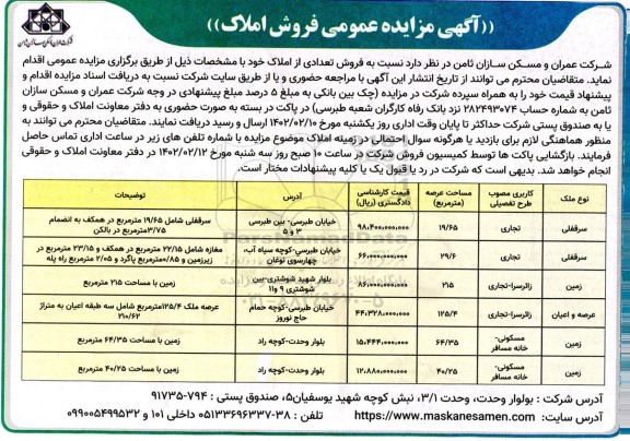 مزایده فروش املاک کاربری تجاری - مسکونی