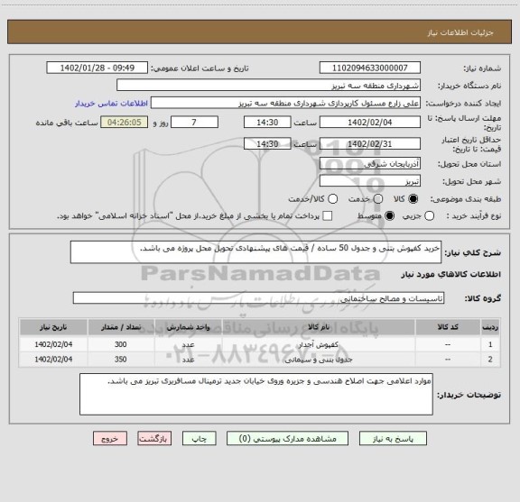 استعلام خرید کفپوش بتنی و جدول 50 ساده / قیمت های پیشنهادی تحویل محل پروژه می باشد.