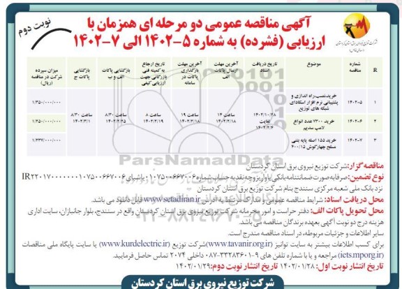 مناقصه خرید،نصب و راه اندازی و پشتیبانی نرم افزار اسکادای شبکه های توزیع....-نوبت دوم