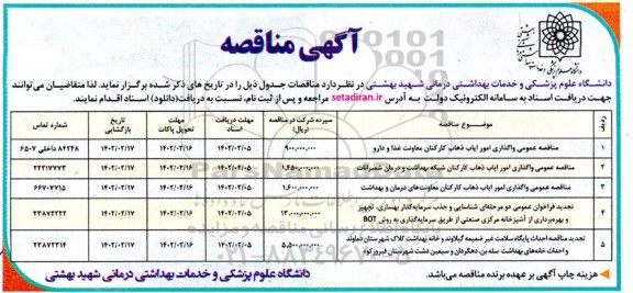 مناقصه عمومی واگذاری امور ایاب ذهاب کارکنان معاونت غذا و دارو و....