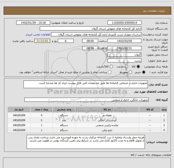 استعلام تجهیزات اداری و خدماتی کتابخانه ها طبق مشخصات فنی فایل پیوست ایران کد ها مشابه است