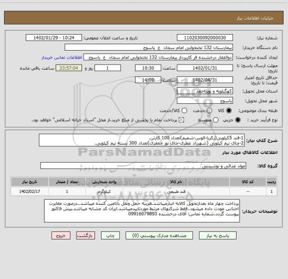 استعلام 1-قند 5کیلویی(زکریا-الوس-شمیم)تعداد 100 کارتن.
2-چای نیم کیلویی (شهرزاد عطری-چای نور جعفری)تعداد 300 بسته نیم کیلویی.