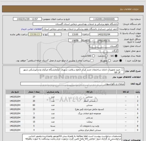 استعلام خرید تجهیزات اداری ساختمان جدید مرکز جامع سلامت شهری 1وآزمایشگاه مرکزی ودندانپزشکی شهر آق قلا