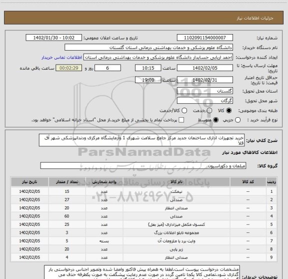 استعلام خرید تجهیزات اداری ساختمان جدید مرکز جامع سلامت شهری 1 وآزمایشگاه مرکزی ودندانپزشکی شهر آق قلا