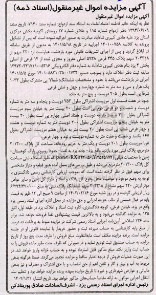 مزایده 220 سهم از 204318 سهم پلاک 445 فرعی 5938 اصلی مفروز و مجزی شده از 14 فرعی از اصلی