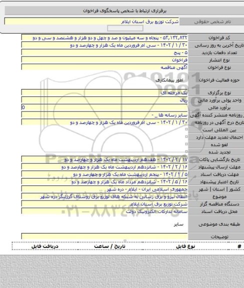 مناقصه, انتقال نیرو و برق رسانی به شبکه های توزیع برق روستای گرزلنگر دره شهر