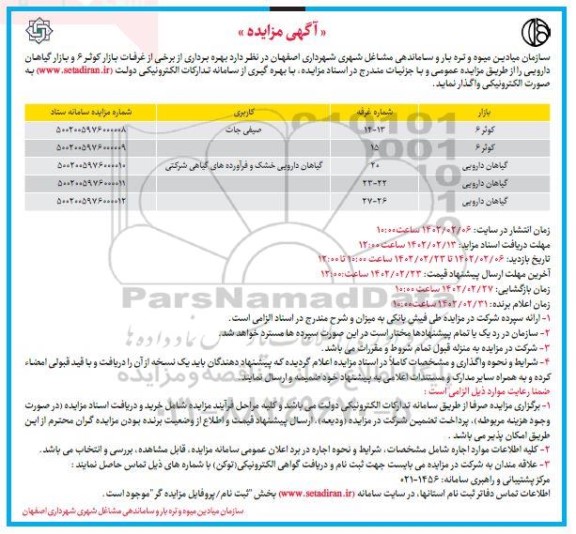 مزایده واگذاری برخی از غرفات بازار کوثر