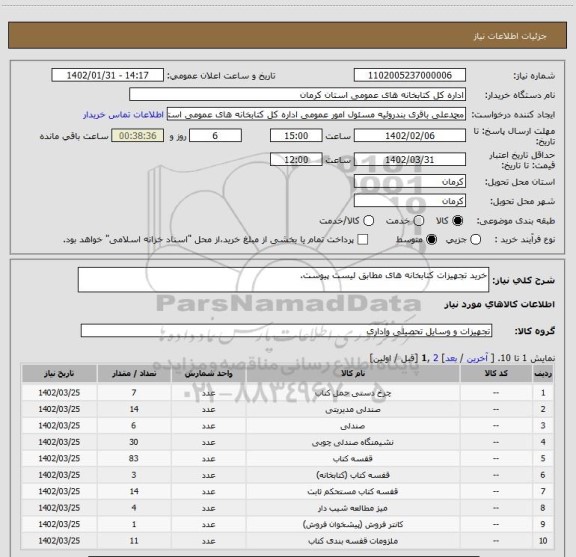 استعلام خرید تجهیزات کتابخانه های مطابق لیست پیوست.