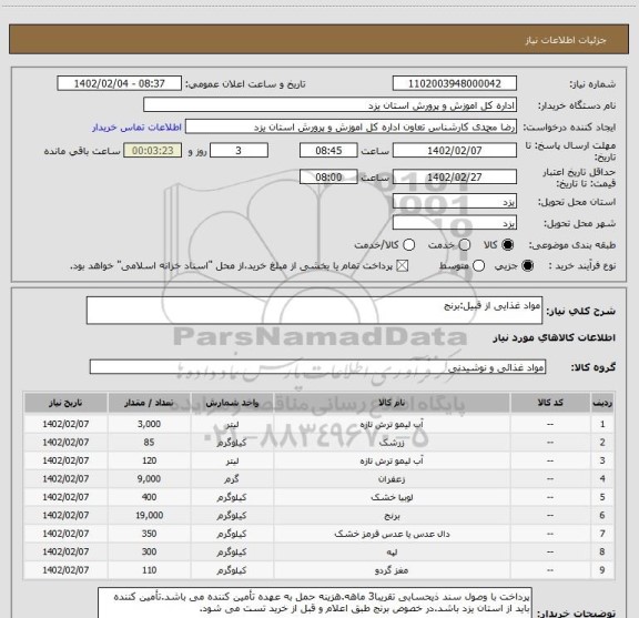 استعلام مواد غذایی از قبیل:برنج