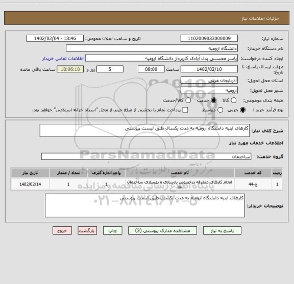 استعلام کارهای ابنیه دانشگاه ارومیه به مدت یکسال طبق لیست پیوستی