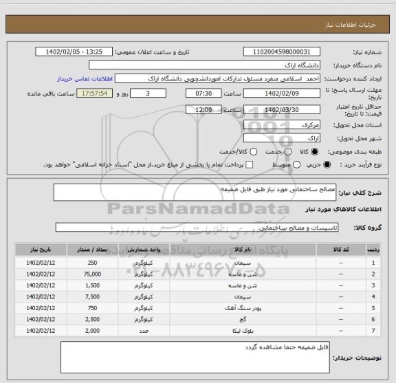 استعلام مصالح ساختمانی مورد نیاز طبق فایل ضمیمه