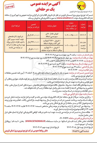 مزایده فروش مقدار 80 تن سیم مسی اسقاط ...  - نوبت دوم