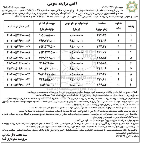 مزایده فروش تعدادی قطعه زمین از پلاک ثبتی 3155.20167 - نوبت دوم 