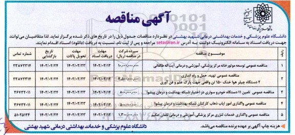 مناقصه عمومی توسعه موتورخانه مرکز و...