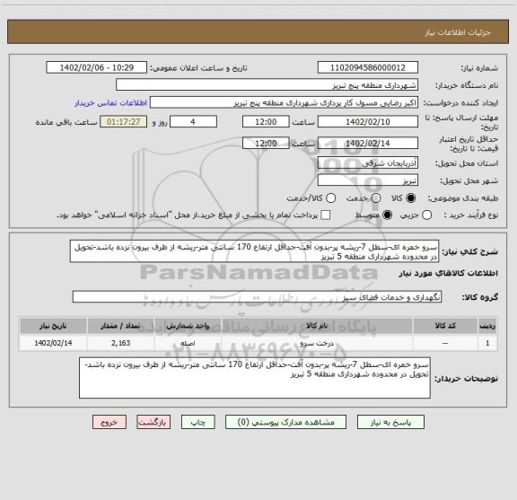 استعلام سرو خمره ای-سطل 7-ریشه پر-بدون آفت-حداقل ارتفاع 170 سانتی متر-ریشه از ظرف بیرون نزده باشد-تحویل در محدوده شهرداری منطقه 5 تبریز