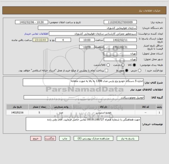 استعلام اجاره 5 دستگاه خودرو پژو پارس مدل 1398 به بالا به صورت ماهانه