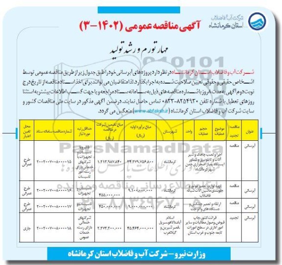 مناقصه عمومی اجرا و نصب چاهک و شیرآلات و تابلو برق و شناور ایستگاه پمپاژ...