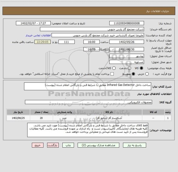 استعلام ساخت داخل Infrared Gas Detector مطابق با شرایط فنی و بازرگانی اعلام شده (پیوست)