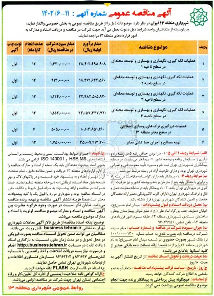 مناقصه عملیات لکه گیری، نگهداری و بهسازی و توسعه محله ای در سطح ناحیه 1 ...