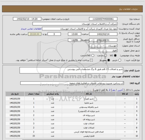 استعلام شیر و اتصالات 15 قلم طبق 6 برگ مشخصات فنی پیوستی