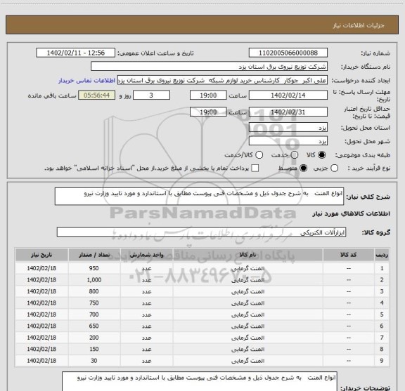 استعلام انواع المنت   به شرح جدول ذیل و مشخصات فنی پیوست مطابق با استاندارد و مورد تایید وزارت نیرو