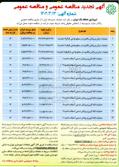 تجدید مناقصه و مناقصه عملیات تراش و روکش مکانیزه ...