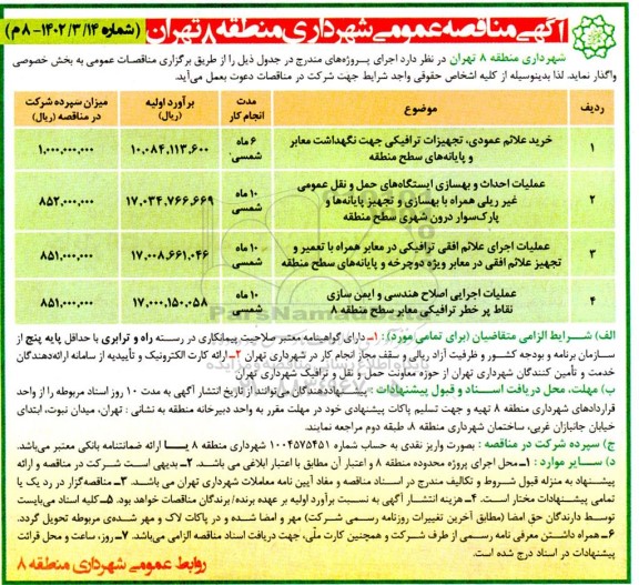 مناقصه خرید علائم عمودی ، تجهیزات ترافیکی ....